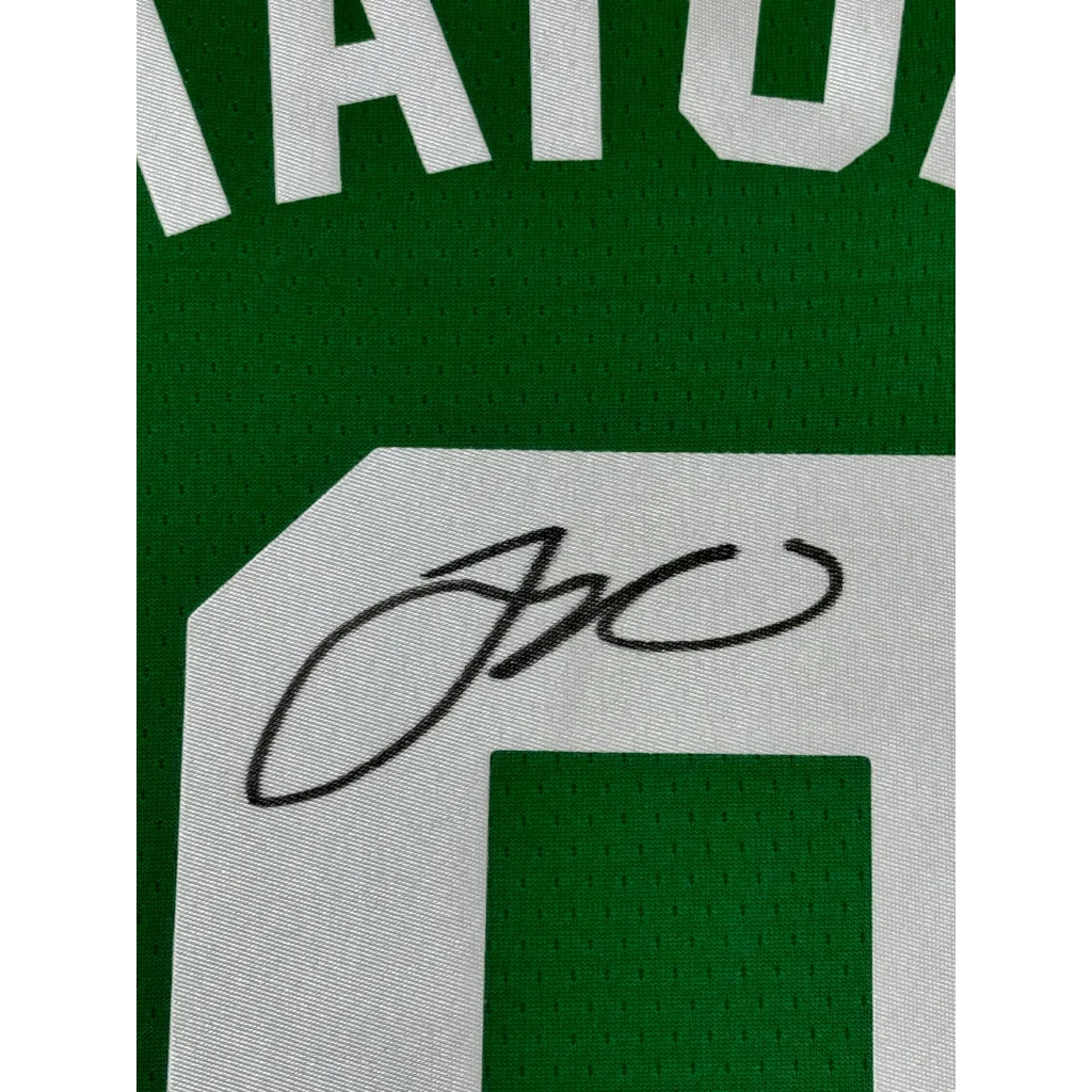Green Boston Celtics jersey with Jayson Tatum signature, professionally framed display