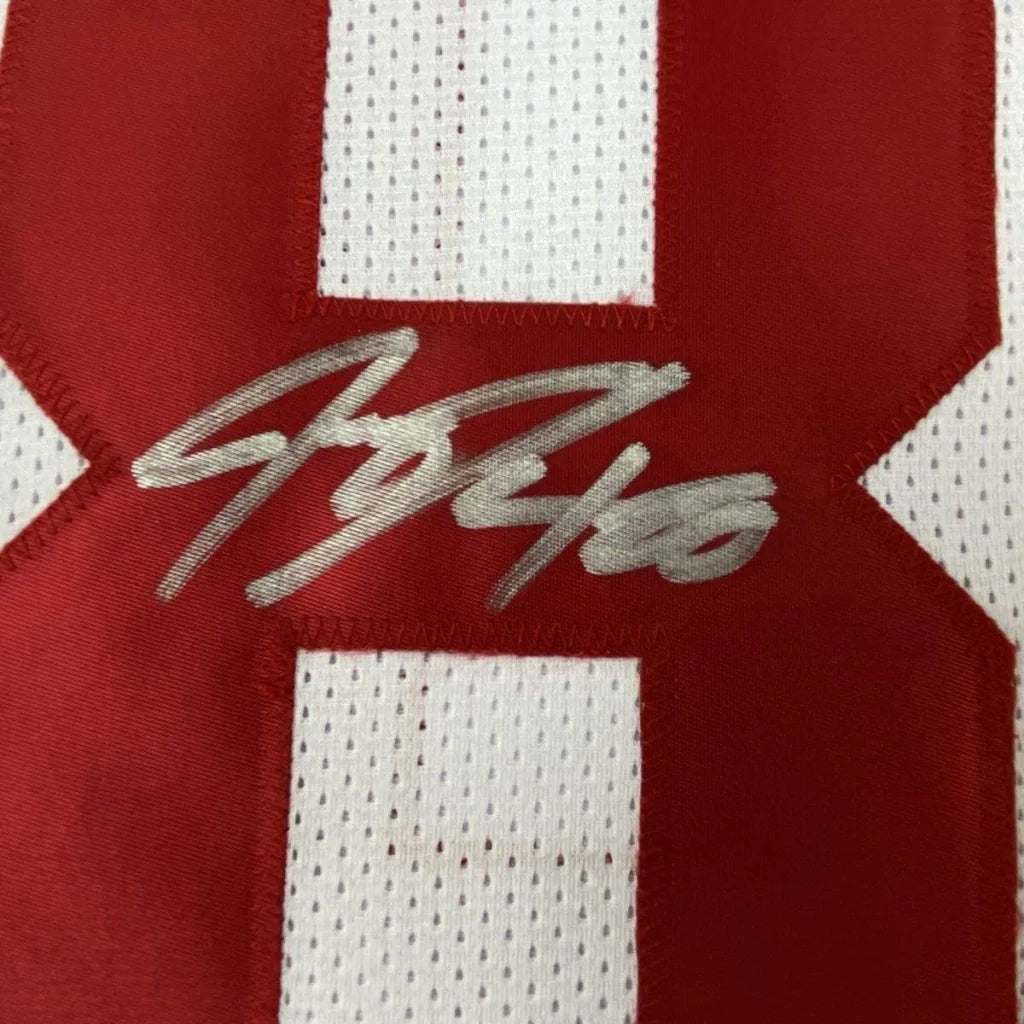 Red and white Jeremy Shockey Giants jersey with silver autograph, professionally framed for your man cave with JSA COA