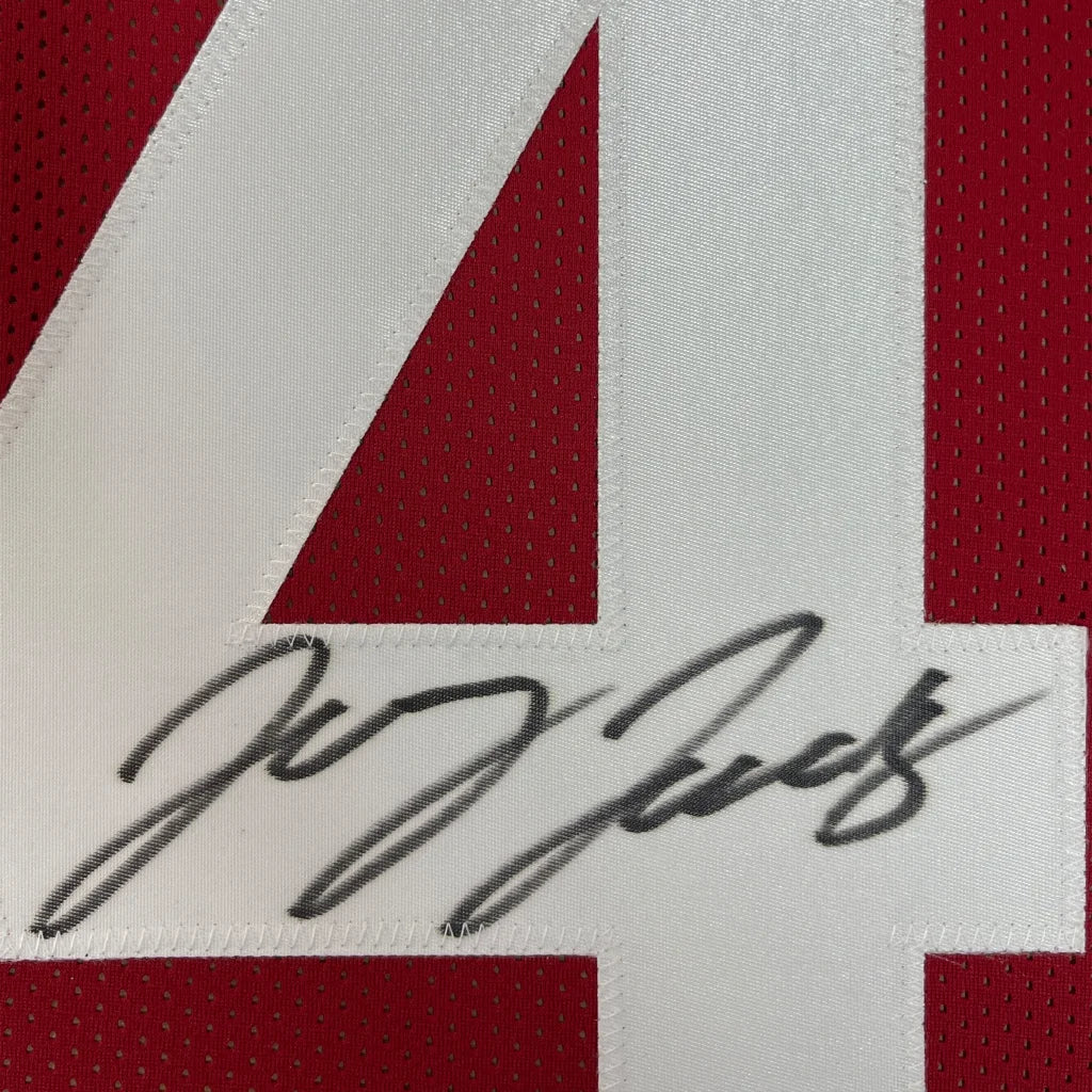 Alabama red jersey with white number 4 and black autograph, professionally framed Jerry Jeudy display
