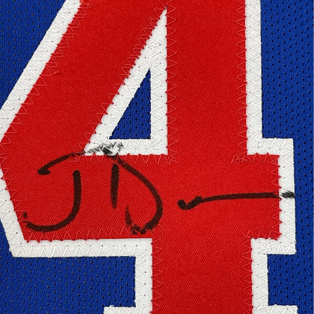 Framed autographed Joe Dumars red blue Detroit jersey back with stitched number 4