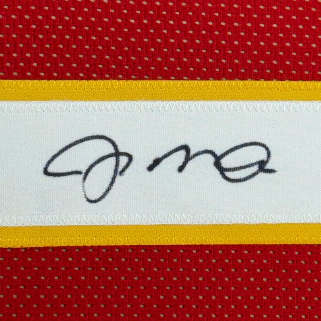 Framed Autographed Joe Montana 35x39 Kansas City Chiefs Red Football Jersey JSA COA | Certified Authentic Signed Memorabilia | vintageantiquesgifts.com