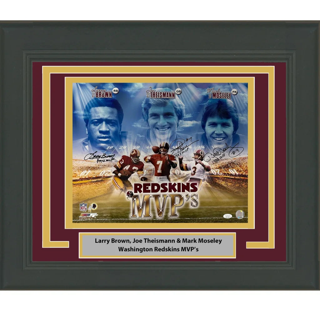 Framed autographed Washington Commanders MVPs photo of Larry Brown, Joe Theismann, Mark Moseley with JSA COA