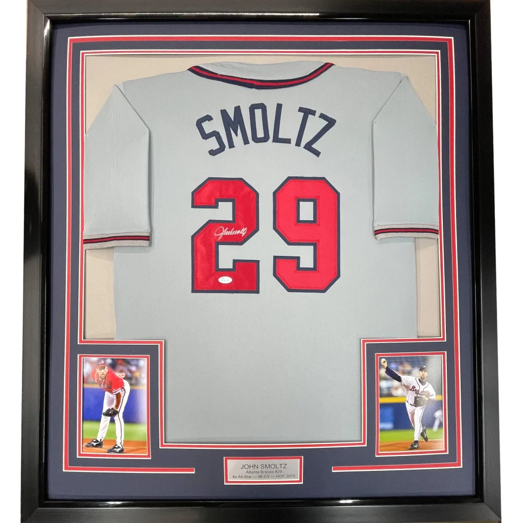 Framed Autographed John Smoltz 35x39 Atlanta Grey Baseball Jersey JSA COA | Certified Authentic Signed Memorabilia | vintageantiquesgifts.com