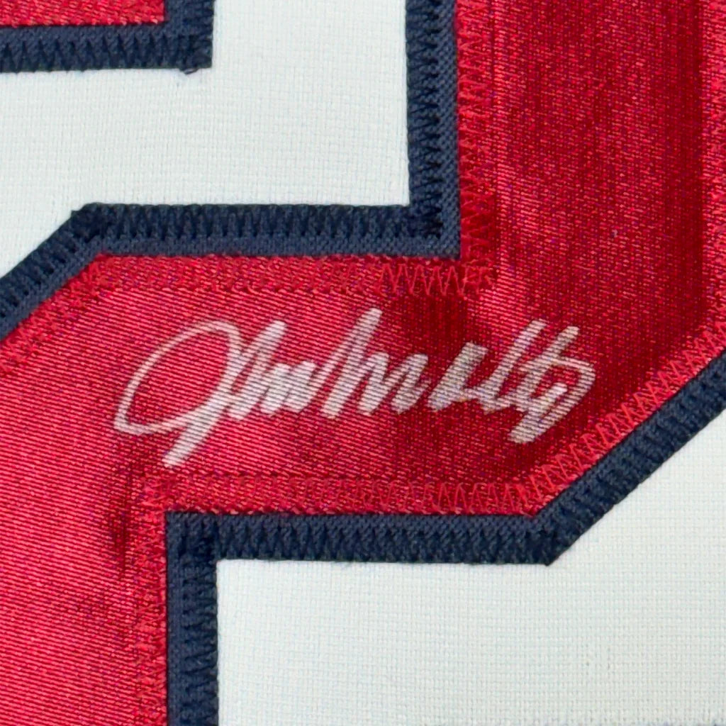 Framed Autographed John Smoltz 35x39 Atlanta White Baseball Jersey JSA COA | Certified Authentic Signed Memorabilia | vintageantiquesgifts.com