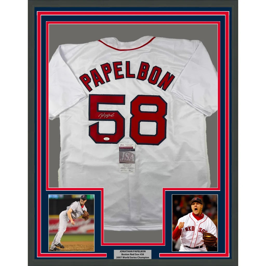 Framed autographed Jonathan Papelbon white Boston jersey with Papelbon 58, JSA COA