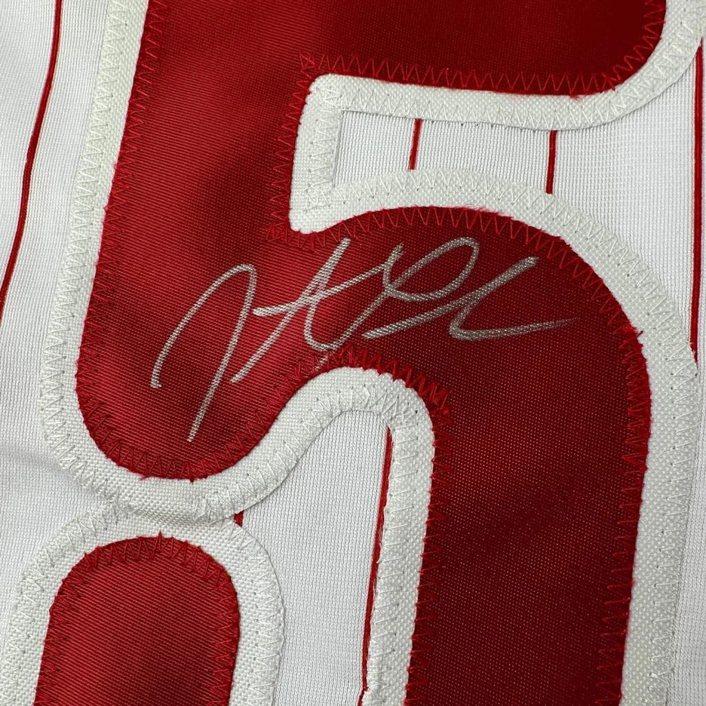 Framed autographed Jonathan Papelbon red white Phillies pinstripe jersey with number 5, JSA COA