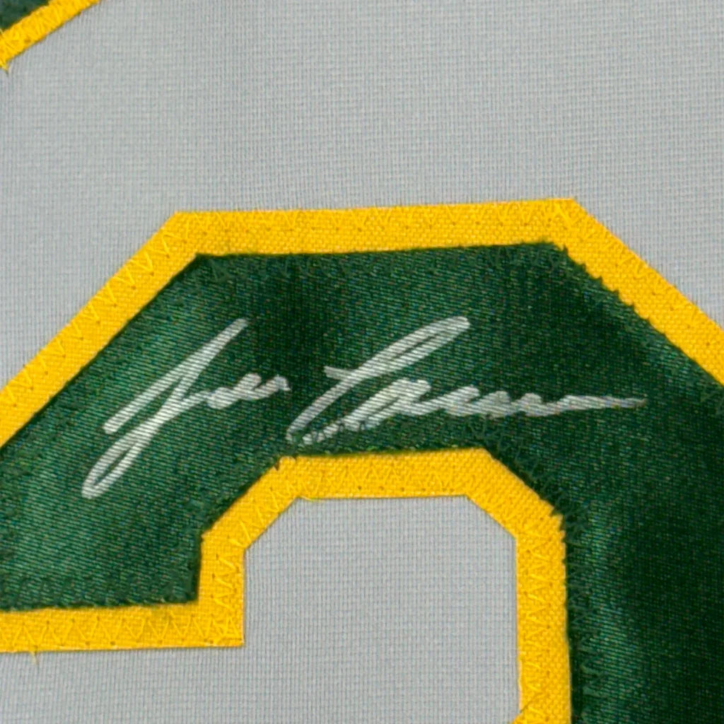Framed Autographed Jose Canseco 35x39 Oakland Grey Baseball Jersey JSA COA | Certified Authentic Signed Memorabilia | vintageantiquesgifts.com