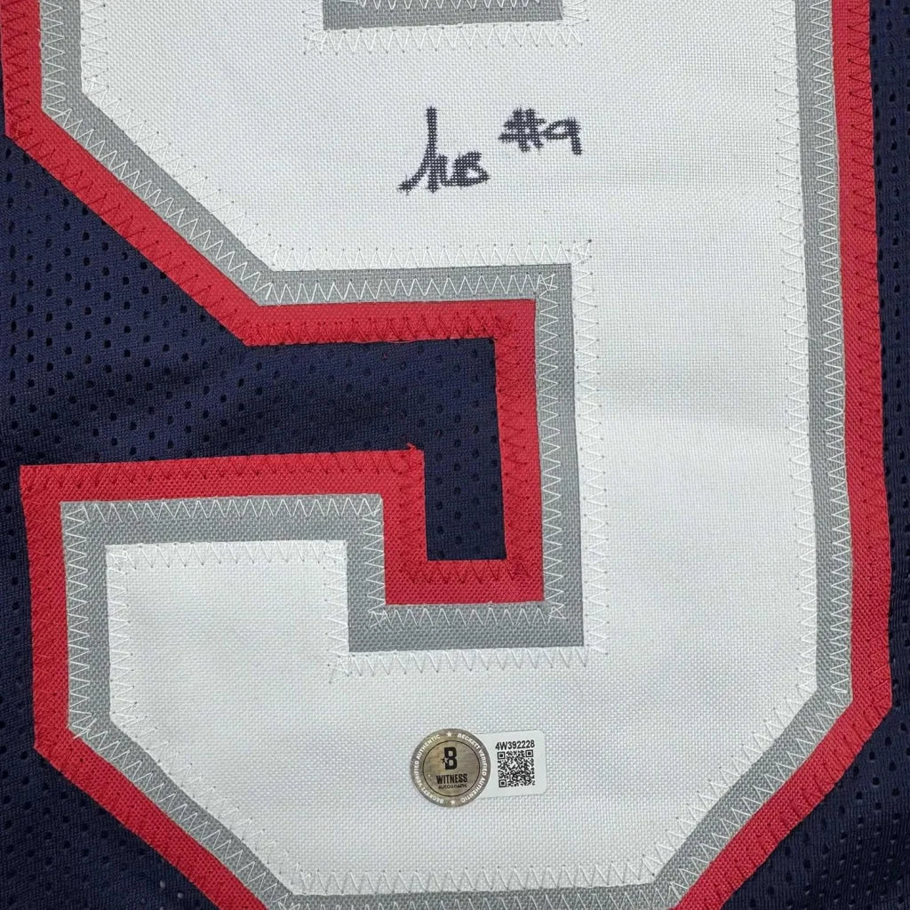 Framed Autographed Kayshon Boutte 35x39 New England Blue Football Jersey Beckett BAS COA | Certified Authentic Signed Memorabilia | vintageantiquesgifts.com