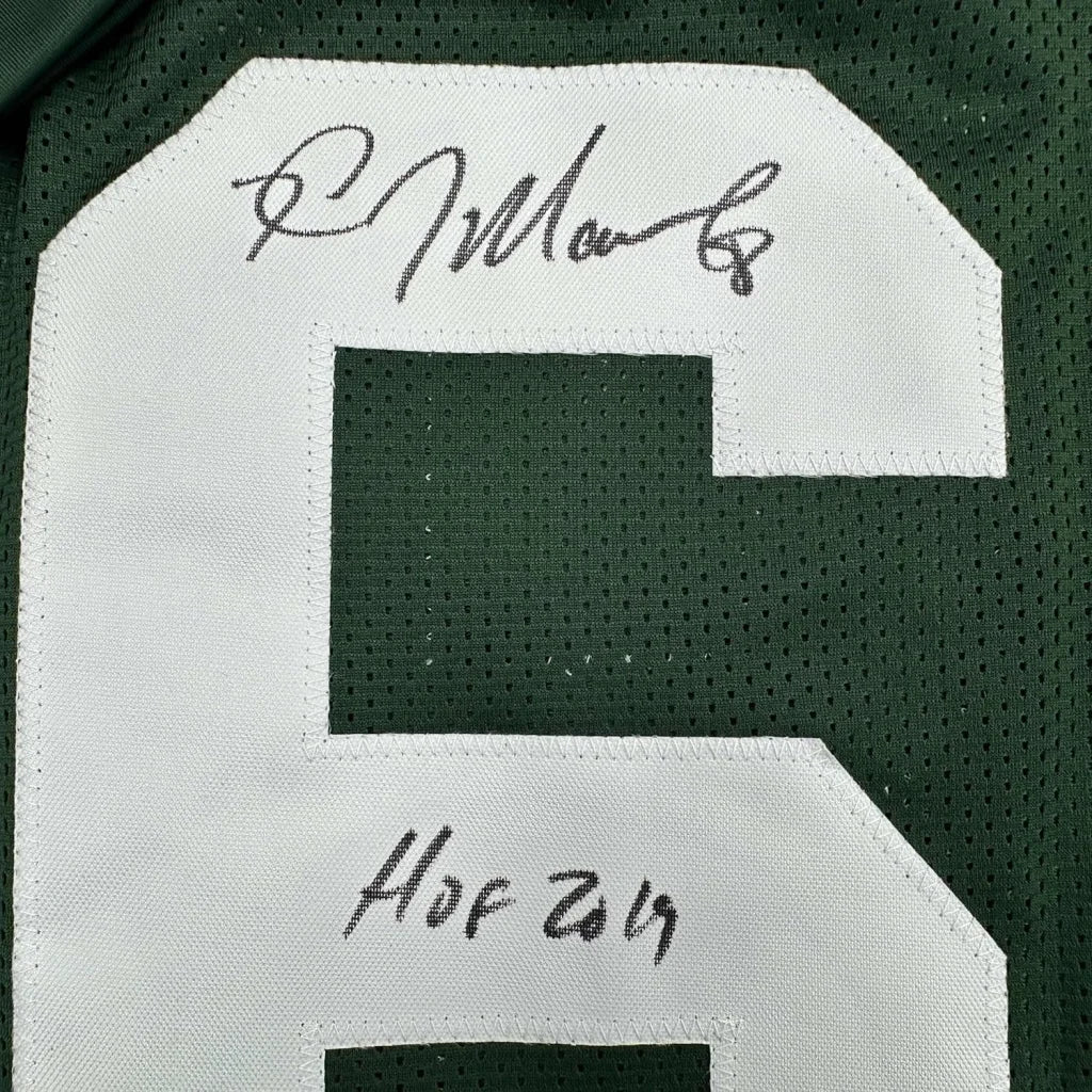 Framed autographed Kevin Mawae HOF 2019 Jets jersey back with number 6