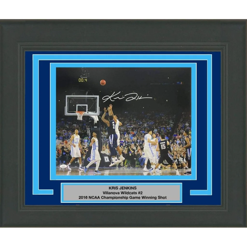 Framed signed photo of Kris Jenkins 2016 NCAA Championship-winning shot ready to hang