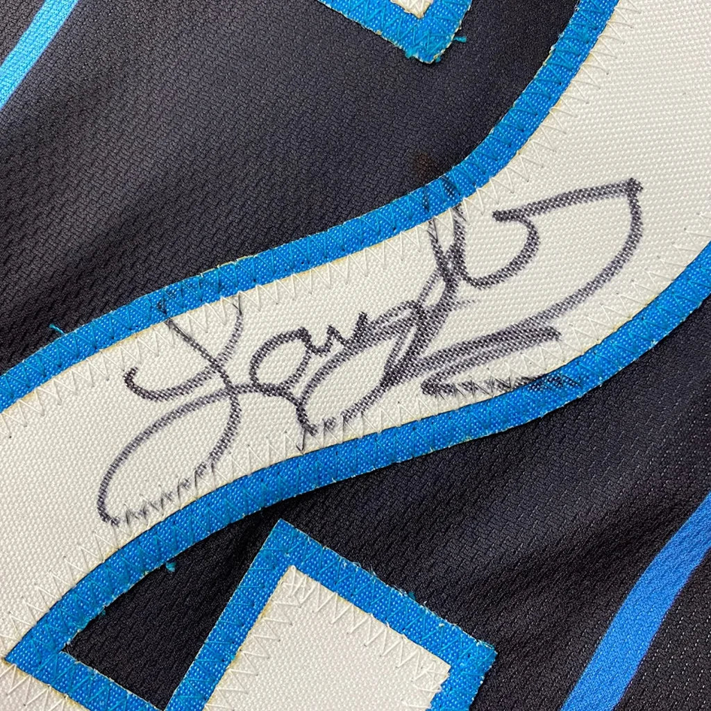 Framed Autographed Larry Johnson 35x39 Charlotte Black Basketball Jersey JSA COA | Certified Authentic Signed Memorabilia | vintageantiquesgifts.com