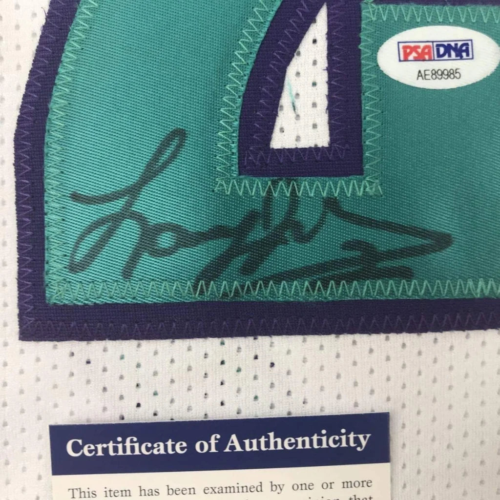 Framed Autographed Larry Johnson 35x39 Charlotte White Basketball Jersey PSA/DNA COA | Certified Authentic Signed Memorabilia | vintageantiquesgifts.com