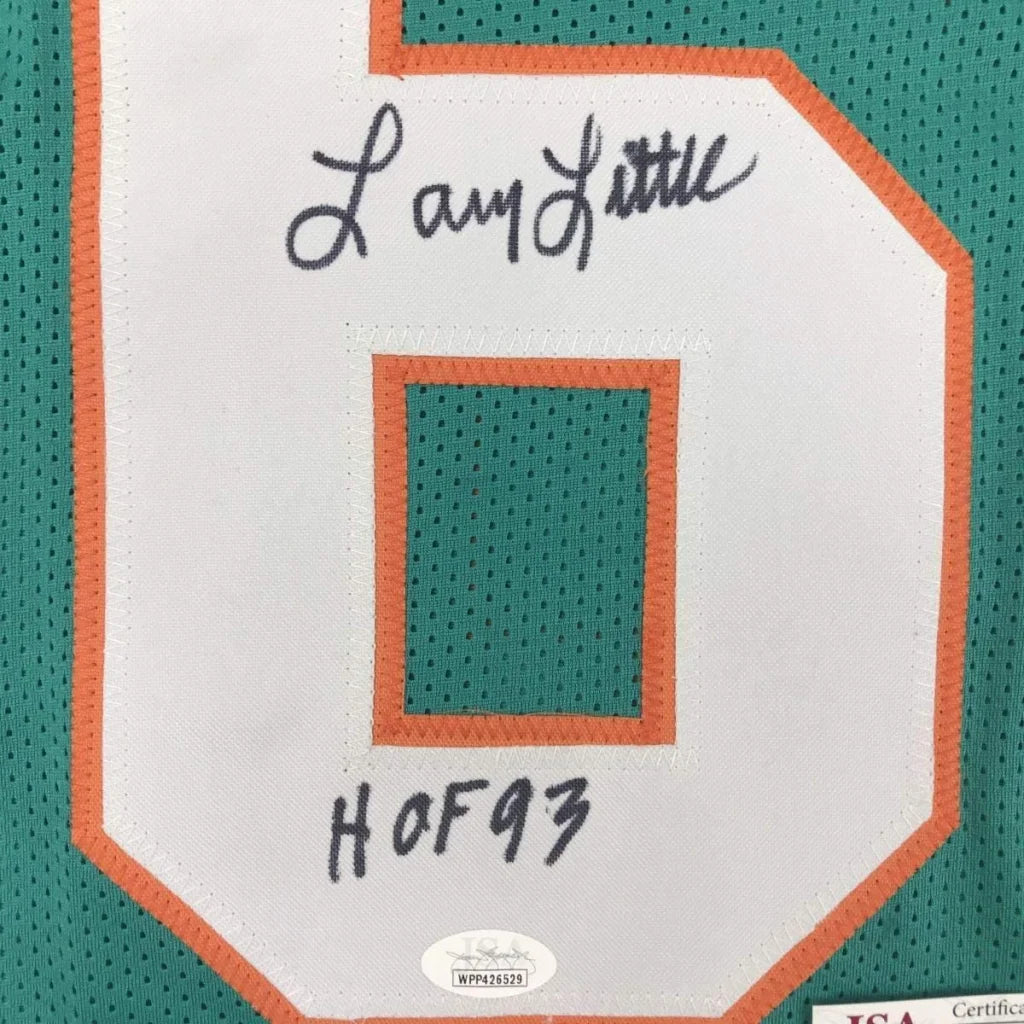 Autographed Miami Dolphins #66 jersey in Hall of Fame display for Larry Little