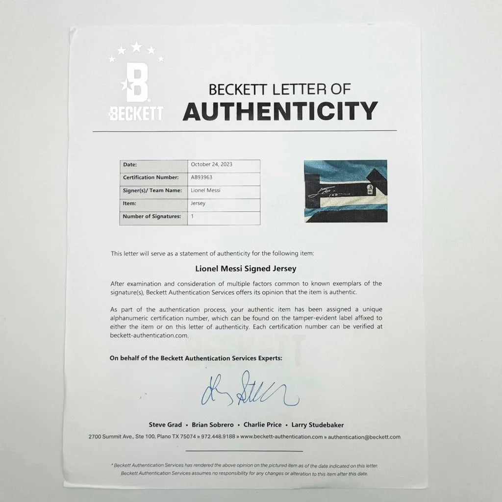 Beckett Letter of Authenticity for Lionel Messi signed Argentina jersey in perfect man cave