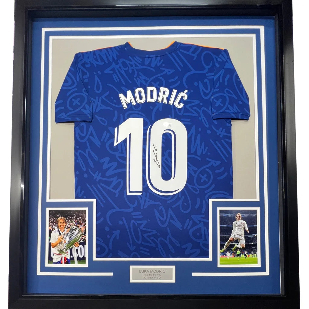 Framed autographed Luka Modric Real Madrid blue jersey with #10 Beckett COA