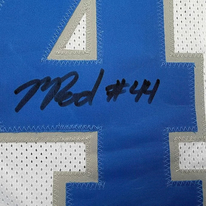 Framed autographed Malcolm Rodriguez Detroit white football jersey with m.b. signature, Beckett BAS COA