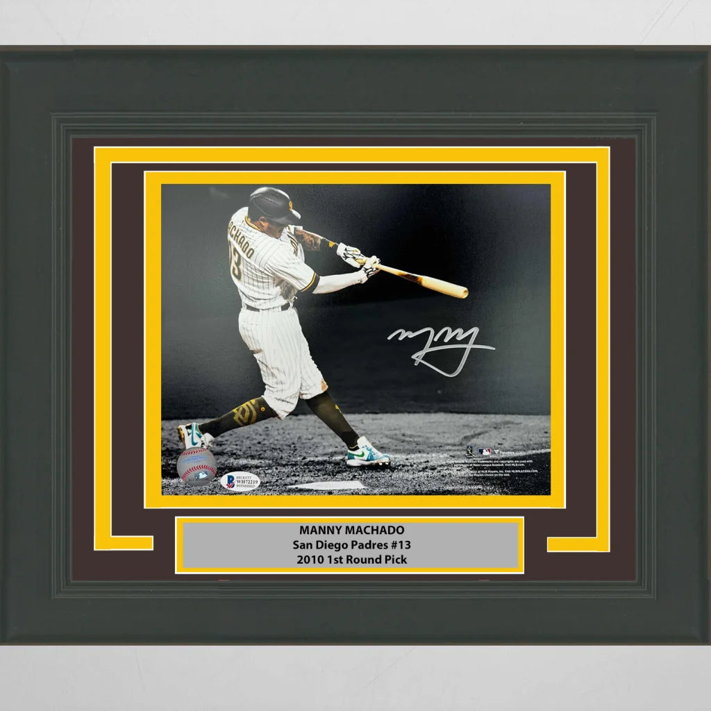 Signed black and gold framed autographed Manny Machado Padres 8x10 photo with Beckett BAS COA