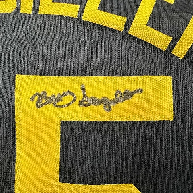 Framed autographed Manny Sanguillen Pittsburgh black baseball jersey back with stitched signature on yellow 5 JSA COA