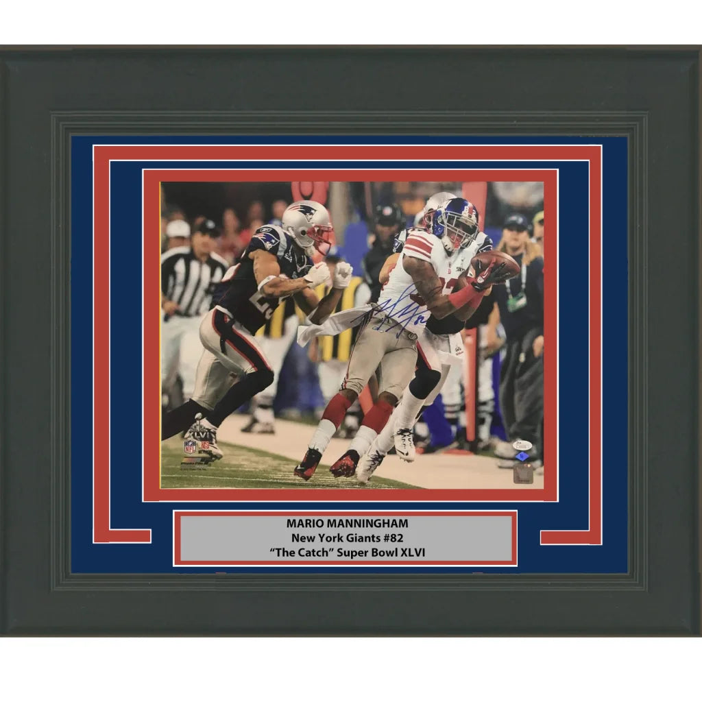Framed Autographed Mario Manningham New York Giants Super Bowl Catch 16x20 Football Photo JSA COA | Hall of Fame Sports Memorabilia | vintageantiquesgifts.com