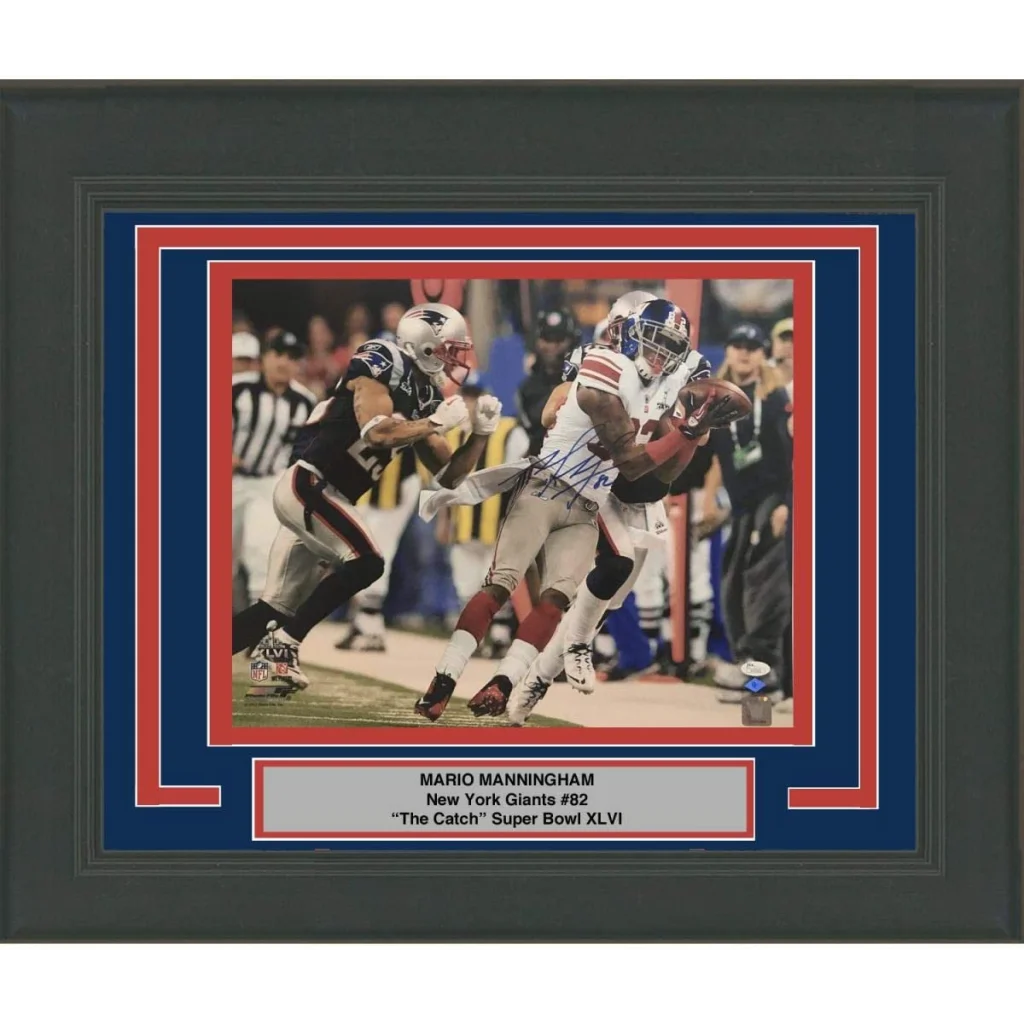 Framed signed Mario Manningham Giants Super Bowl XLVI catch photo