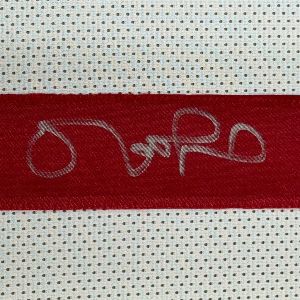 Framed autographed Matt Leinart USC white football jersey with red fabric band and white embroidered logo
