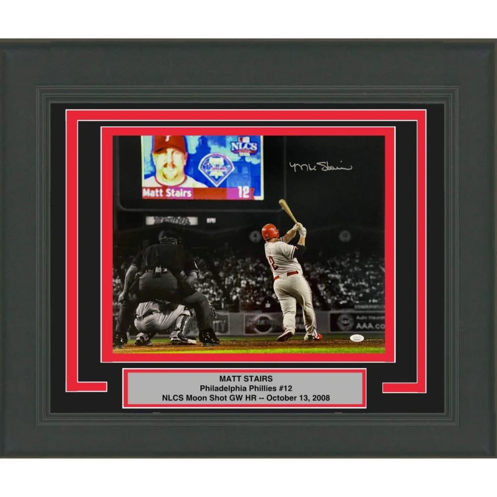 Signed Matt Stairs Phillies #12 NLCS home run photo, framed 16x20 JSA