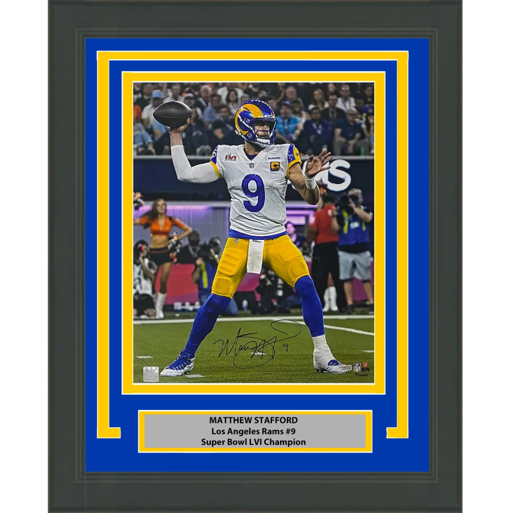 Framed autographed Matthew Stafford Rams photo ready for display