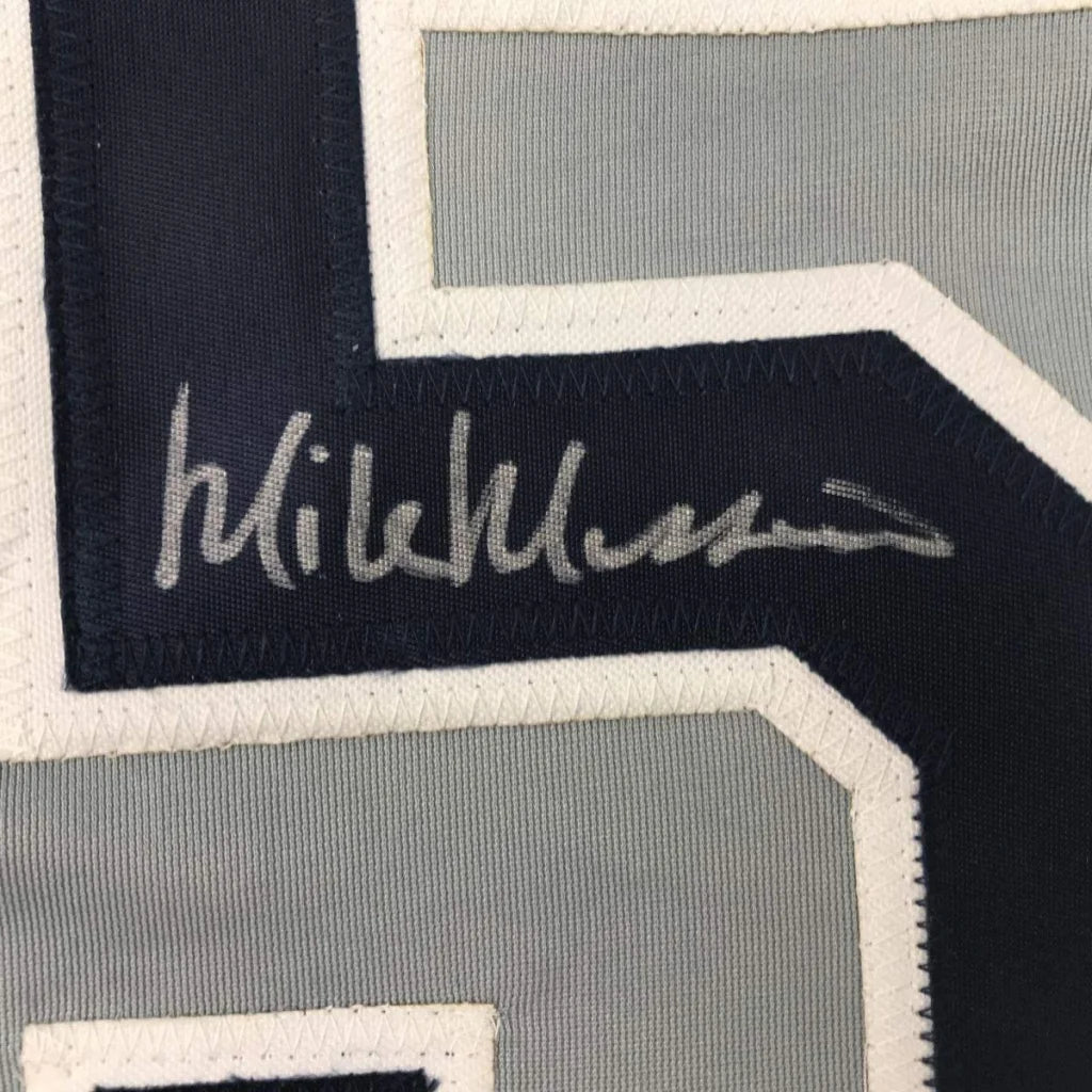 Autographed Navy and Gray Mike Mussina Yankees Jersey professionally framed with JSA COA