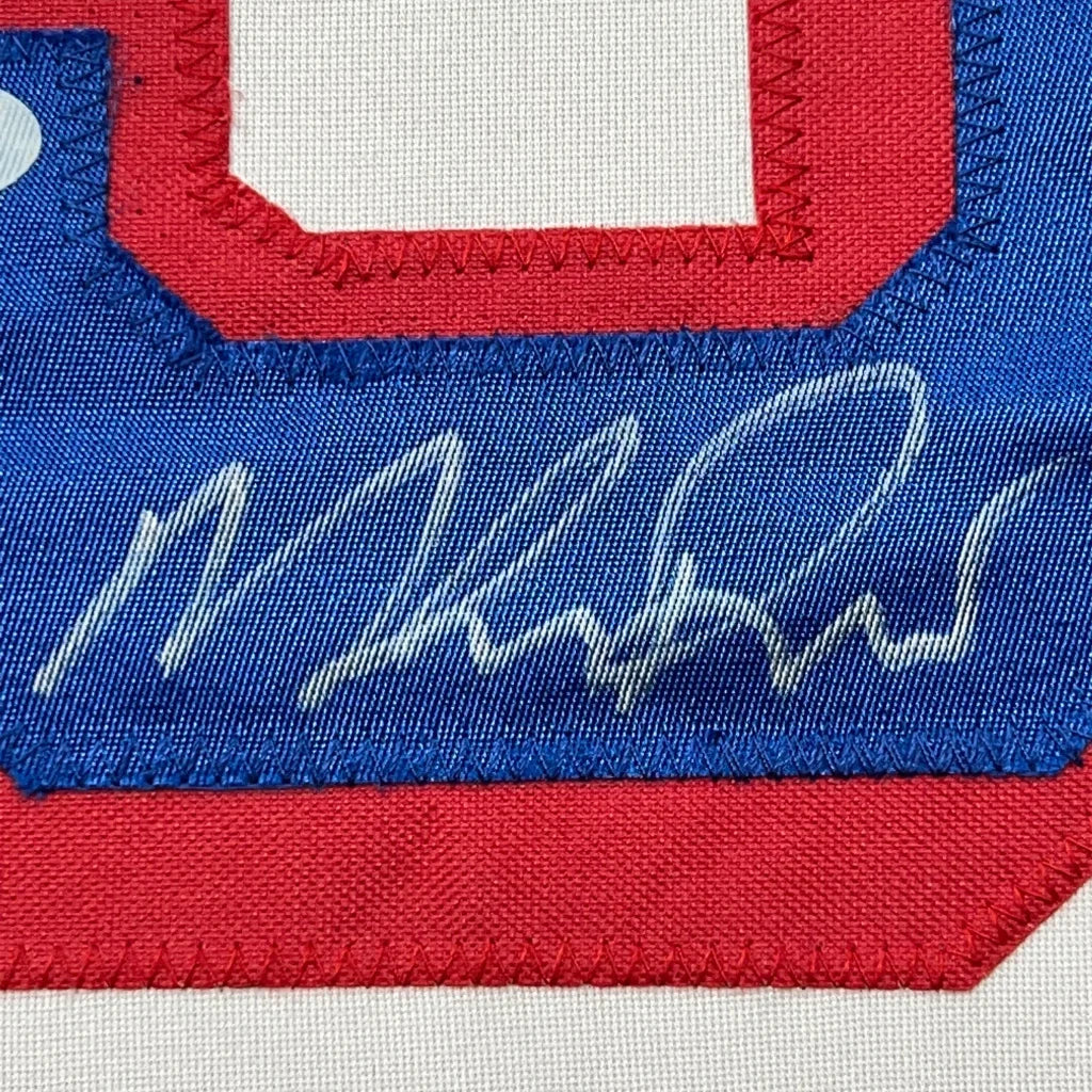 Autographed blue and red Mike Richter Rangers jersey fabric ready to hang