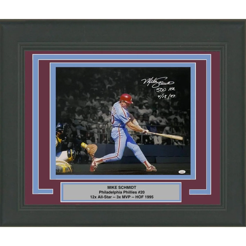 Framed and matted autographed photo of Mike Schmidt hitting his 500th home run