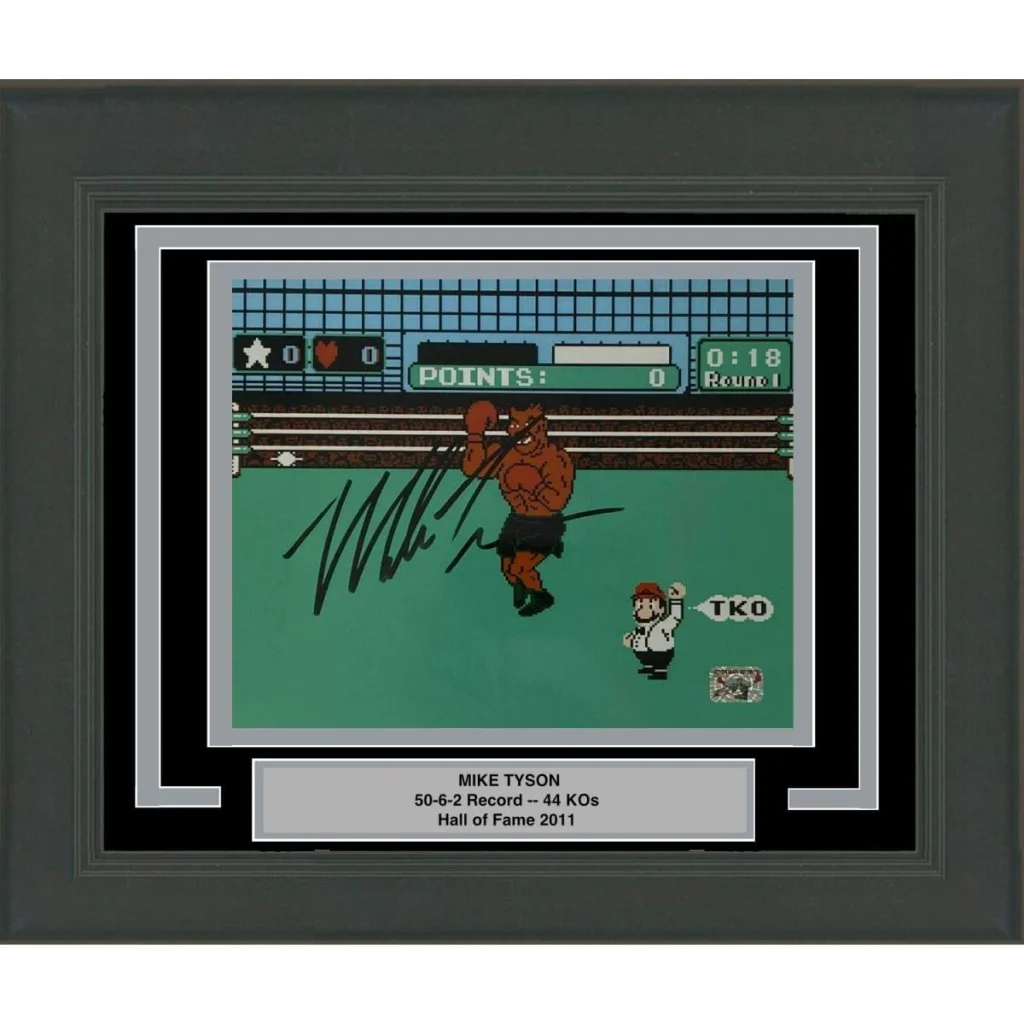 Framed signed Mike Tyson Punch-Out pixelated boxing photo in gray frame