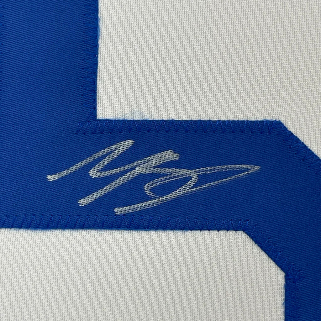 Framed autographed Mookie Betts white LA Dodgers jersey with silver stitched signature, JSA COA