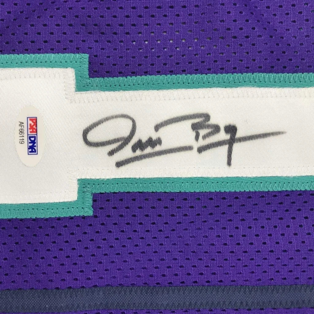 Purple mesh Muggsy Bogues Charlotte Hornets jersey with signed white stripe details