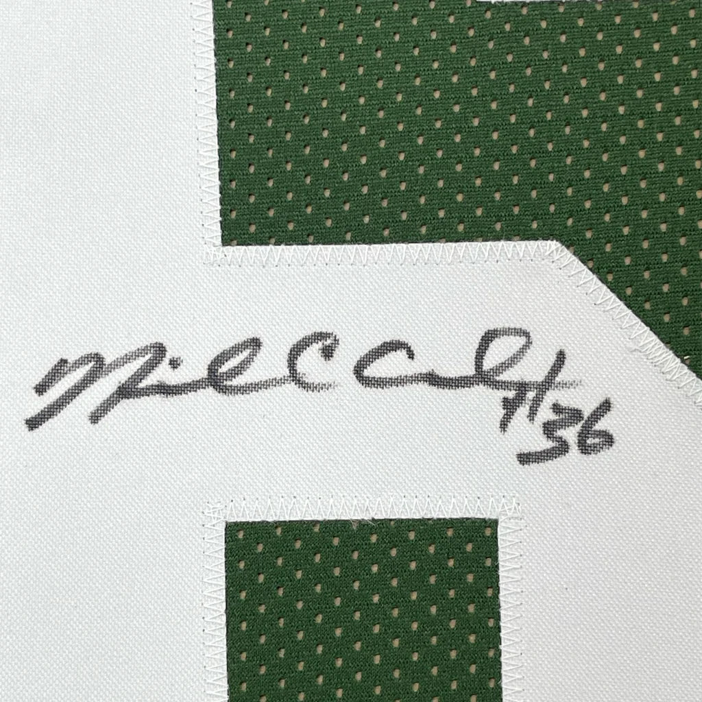 Framed autographed green bay packers white and green football jersey with stitched mecca 7/36 signature and psa/dna coa