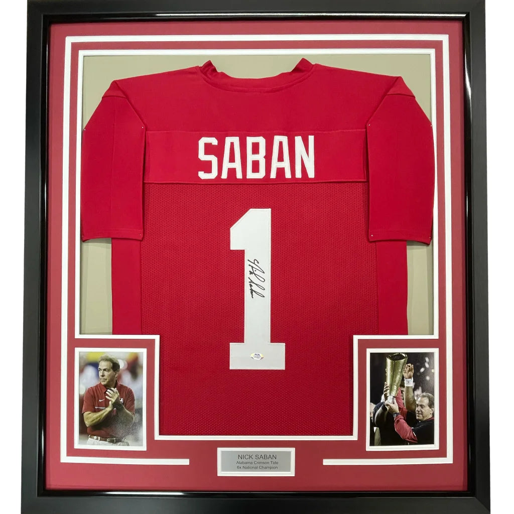 Autographed Nick Saban #1 jersey with two commemorative photos ready to display
