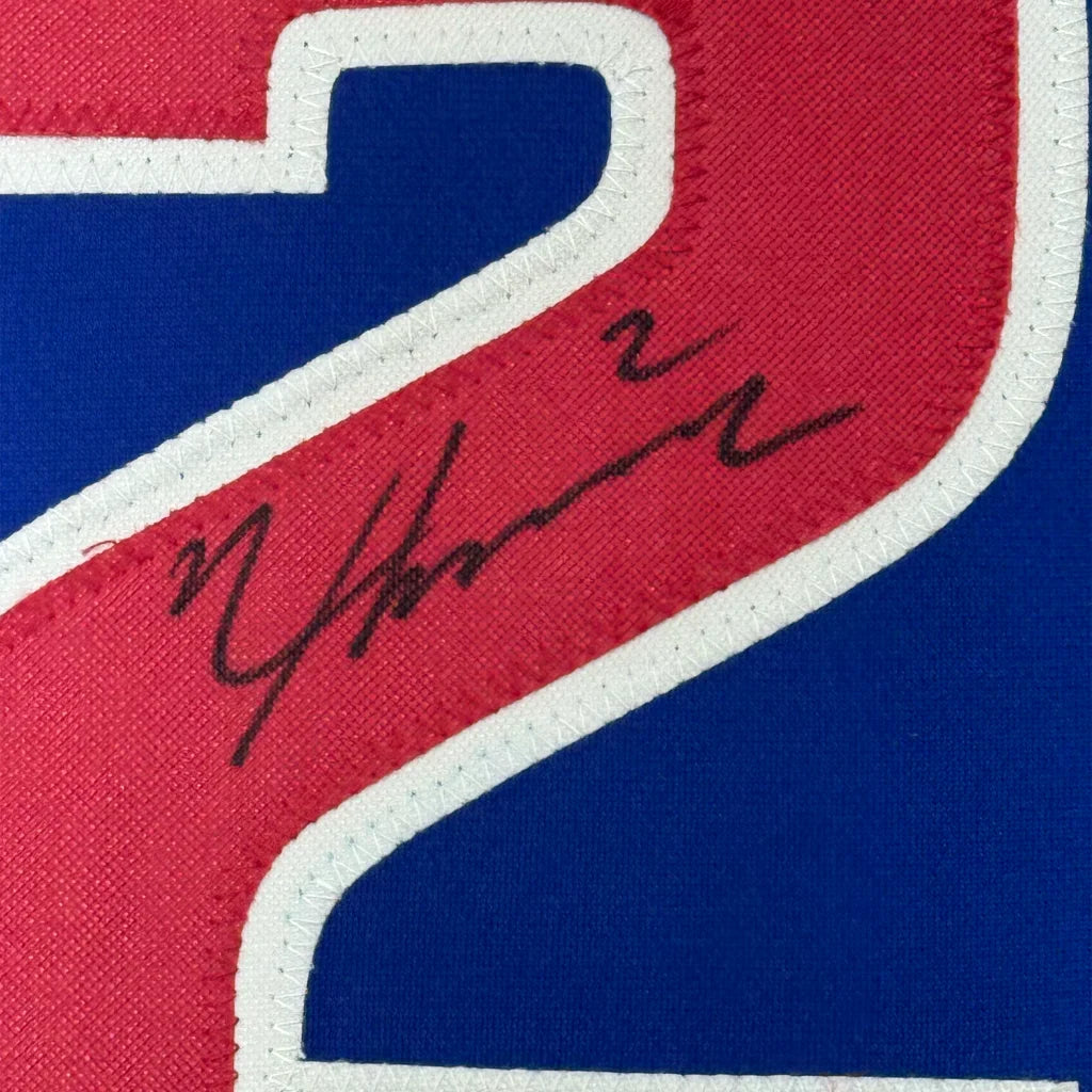 Framed autographed Nico Hoerner Chicago Cubs blue jersey with Beckett COA