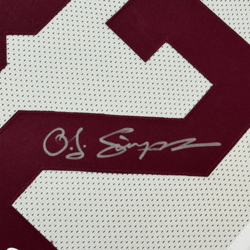 Framed autographed O.J. Simpson USC Trojans white mesh jersey with o.j. signature JSA COA