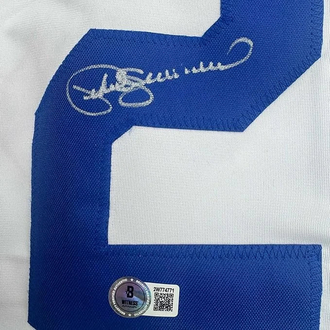 Framed autographed Pedro Guerrero LA Dodgers white jersey back with blue number 2 and silver signature, Beckett BAS COA