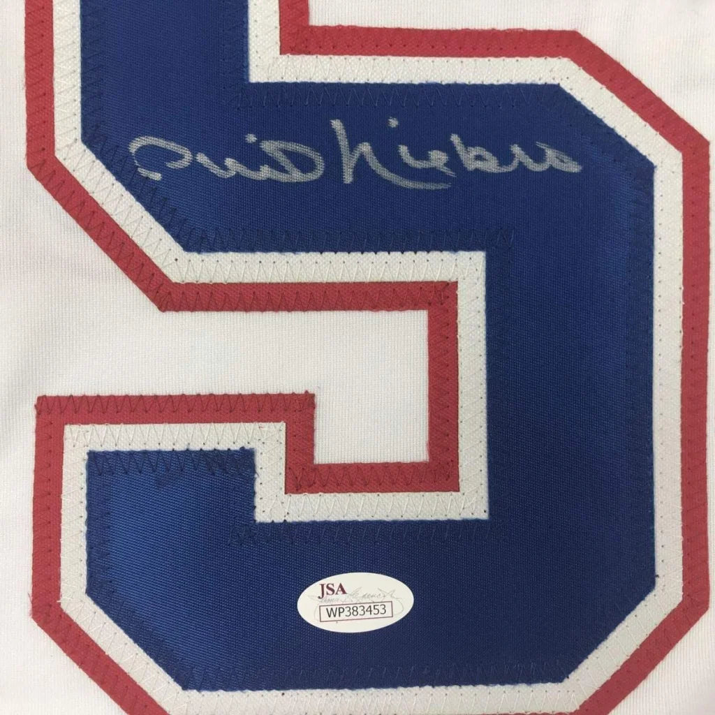 Framed autographed Phil Niekro Atlanta white baseball jersey back with blue red S