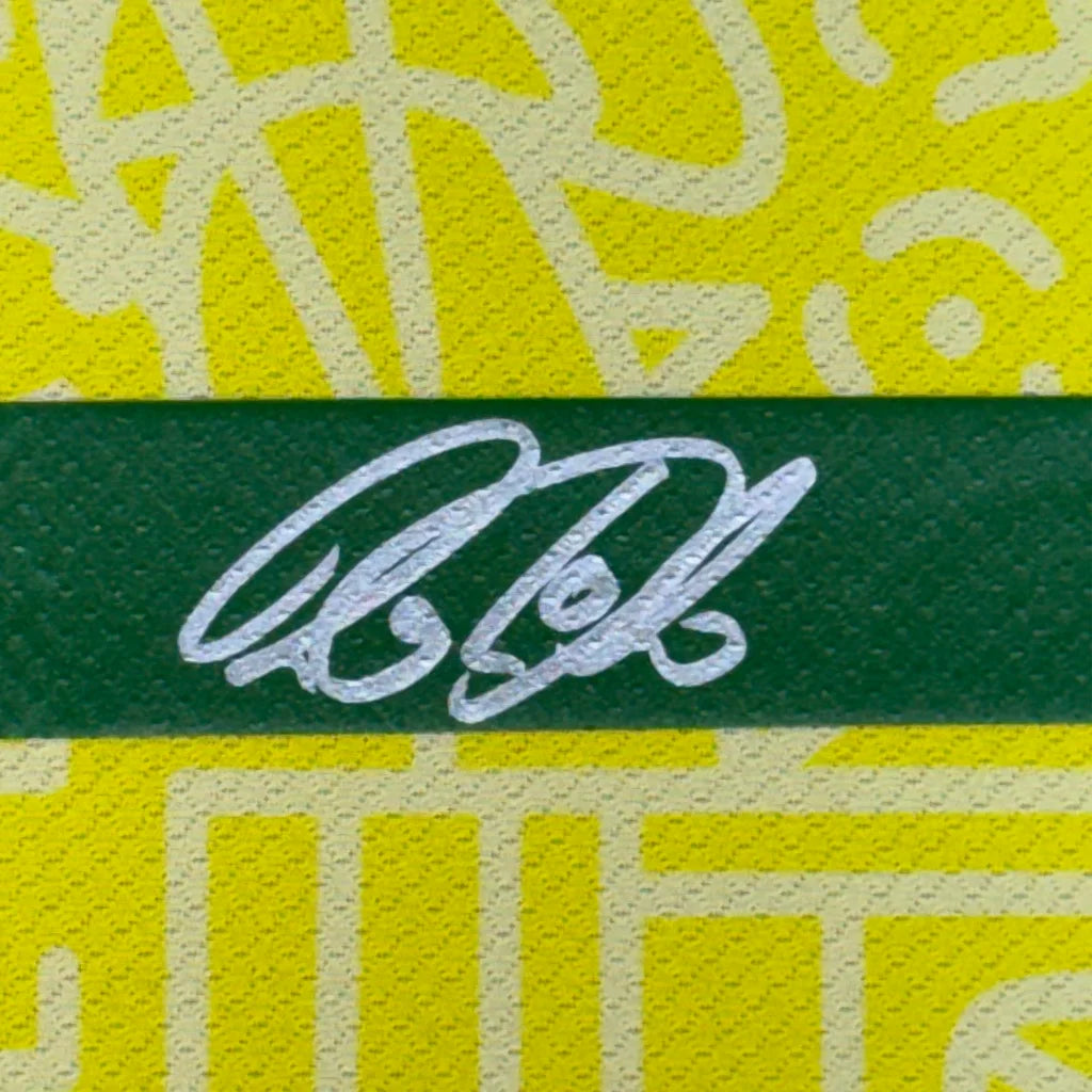 Authentic signed autograph of a famous person on yellow and green background for Raphinha Brazil jersey collectible