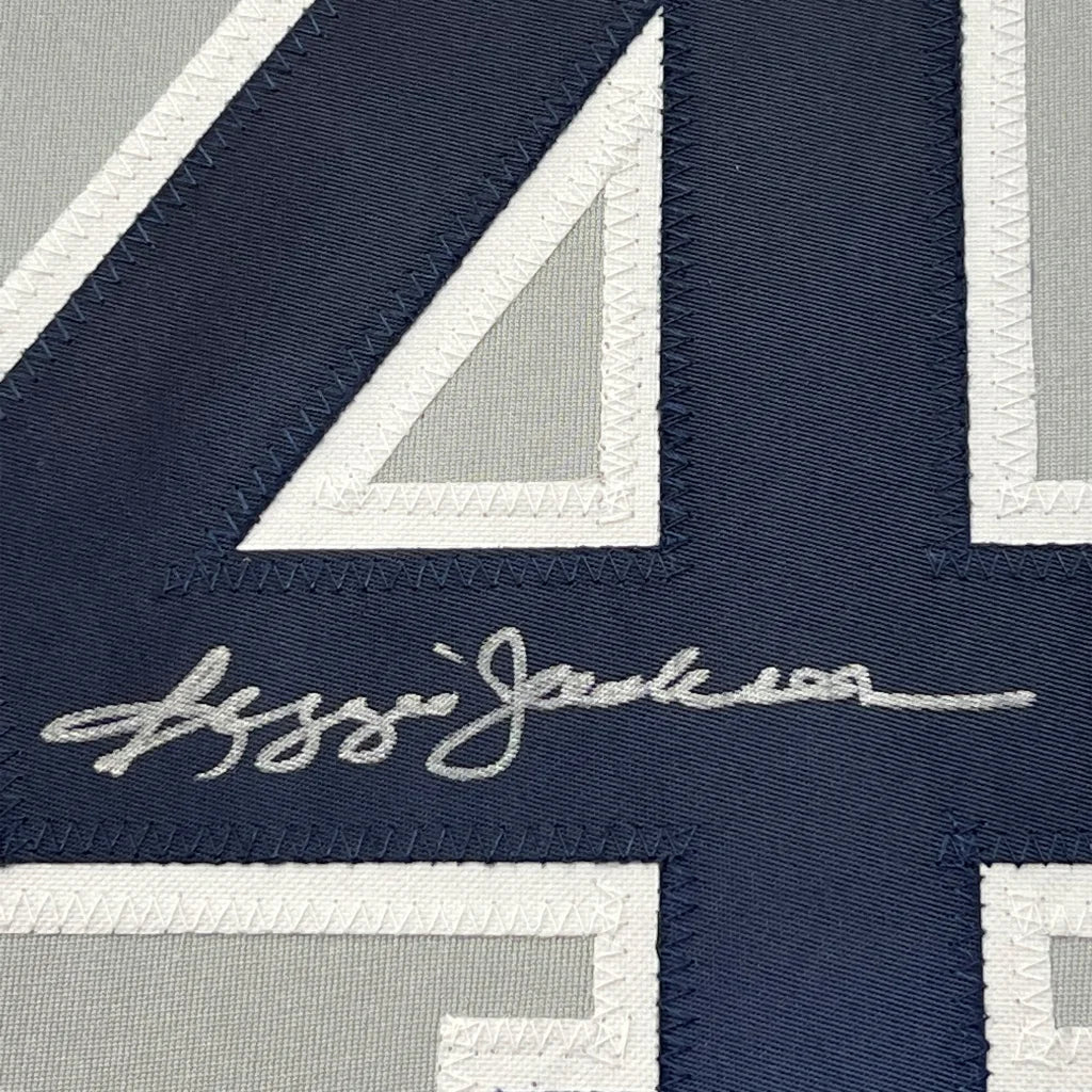 Framed Autographed Reggie Jackson 35x39 New York Grey Baseball Jersey JSA COA | Certified Authentic Signed Memorabilia | vintageantiquesgifts.com