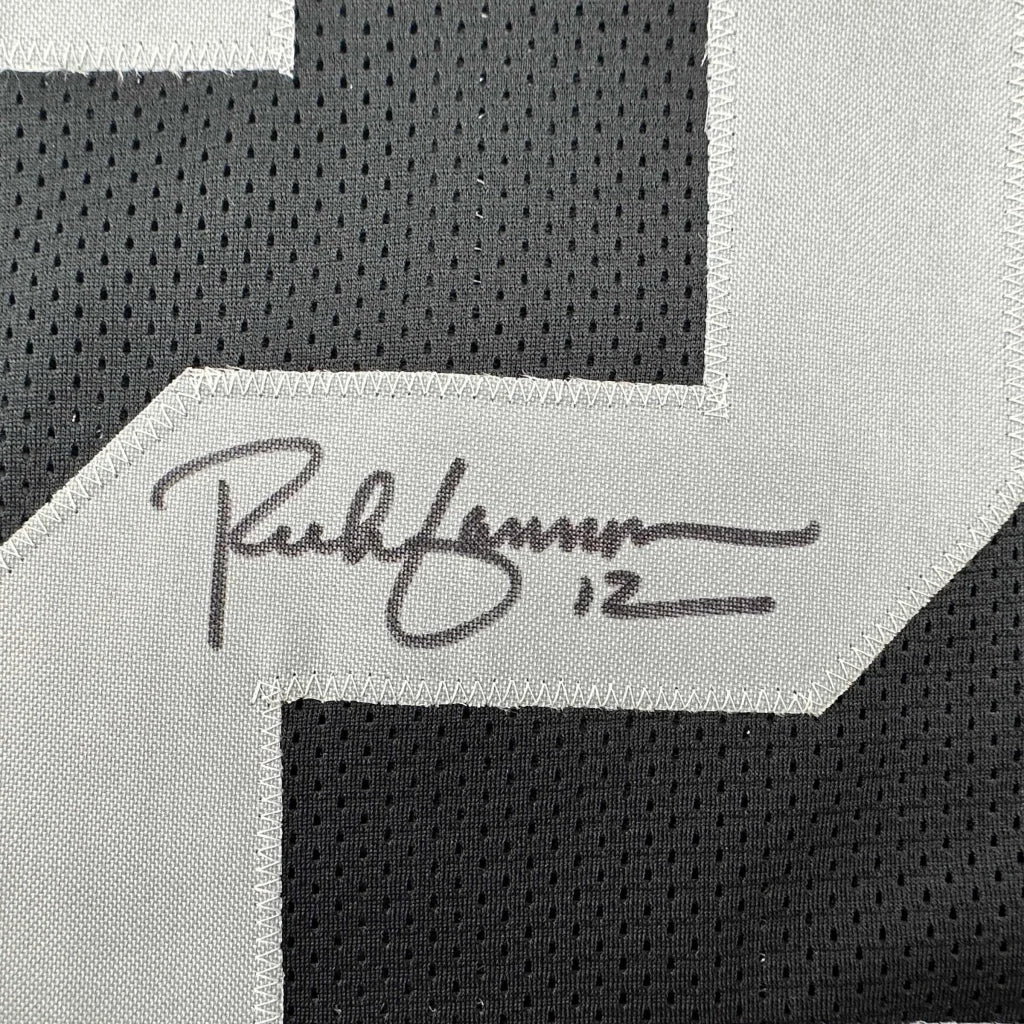 Black and white mesh football jersey featuring a signature patch framed signed by Rich Gannon with JSA COA