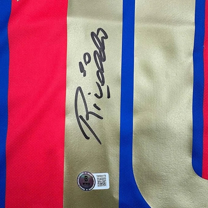Framed autographed Rivaldo FC Barcelona blue soccer jersey with gold stripes, Beckett BAS COA