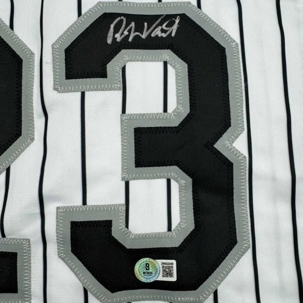 White pinstriped Robin Ventura Sox jersey with black gray number 3 and signature
