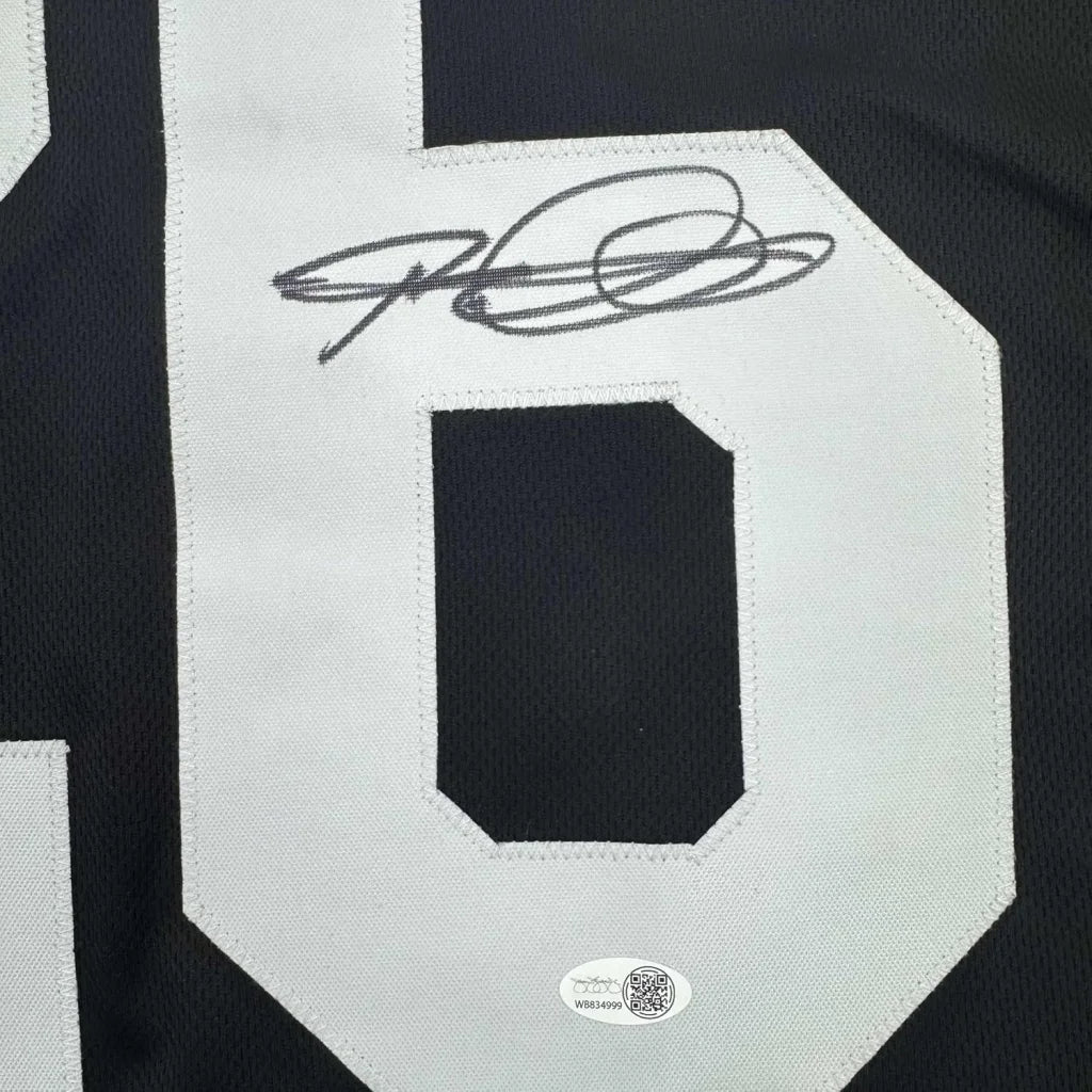 Black jersey with white numbers and autograph, professionally framed for your man cave