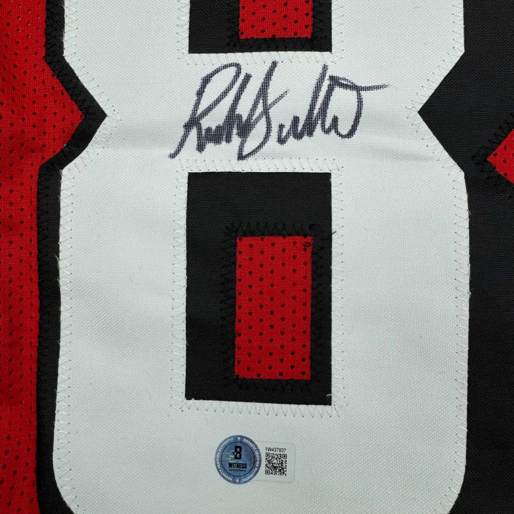 Autographed Football Jersey with Authentication Sticker displayed in Massive Framed Jersey product