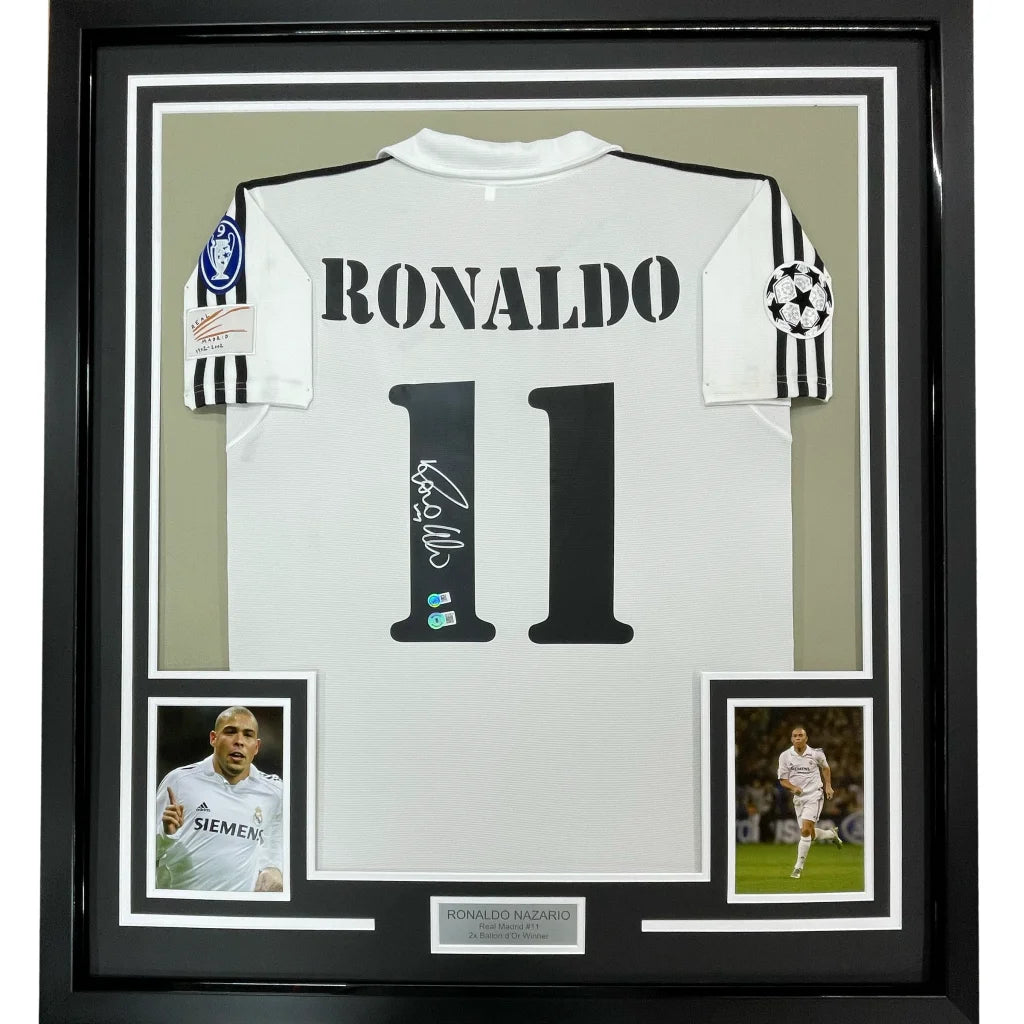 Framed autographed Ronaldo Nazario Real Madrid white jersey with number 11
