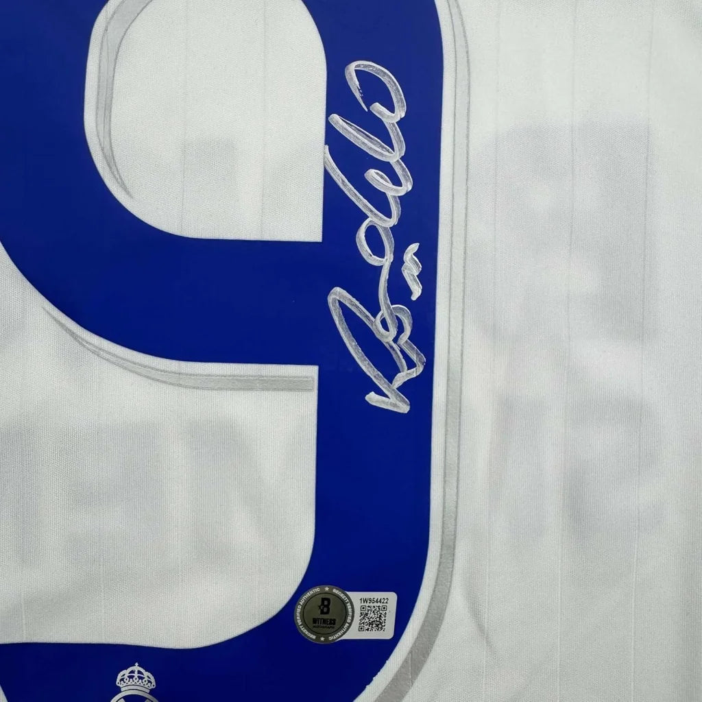 Framed autographed Ronaldo Nazario Real Madrid white soccer jersey with silver signature on sleeve, Beckett BAS COA