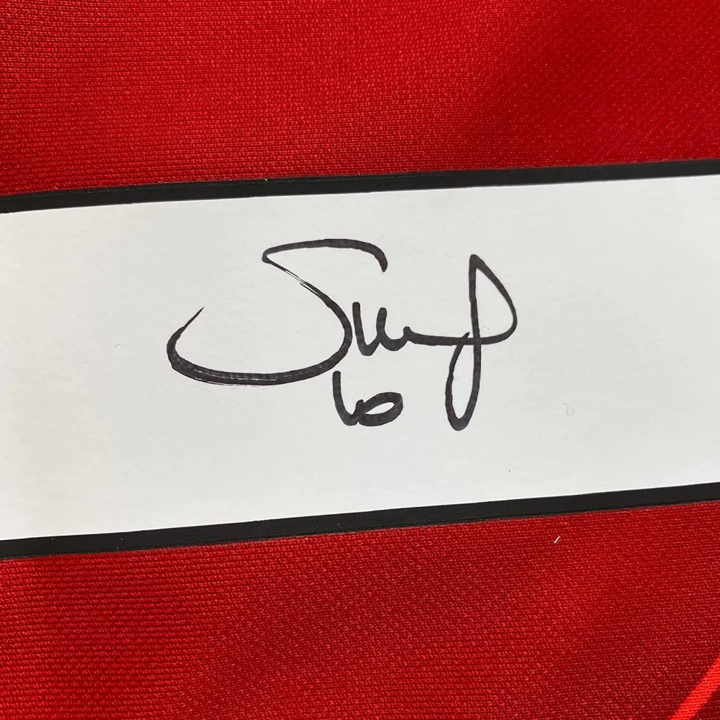 Autographed red fabric with white strip from Framed Sadio Mané Liverpool Jersey display