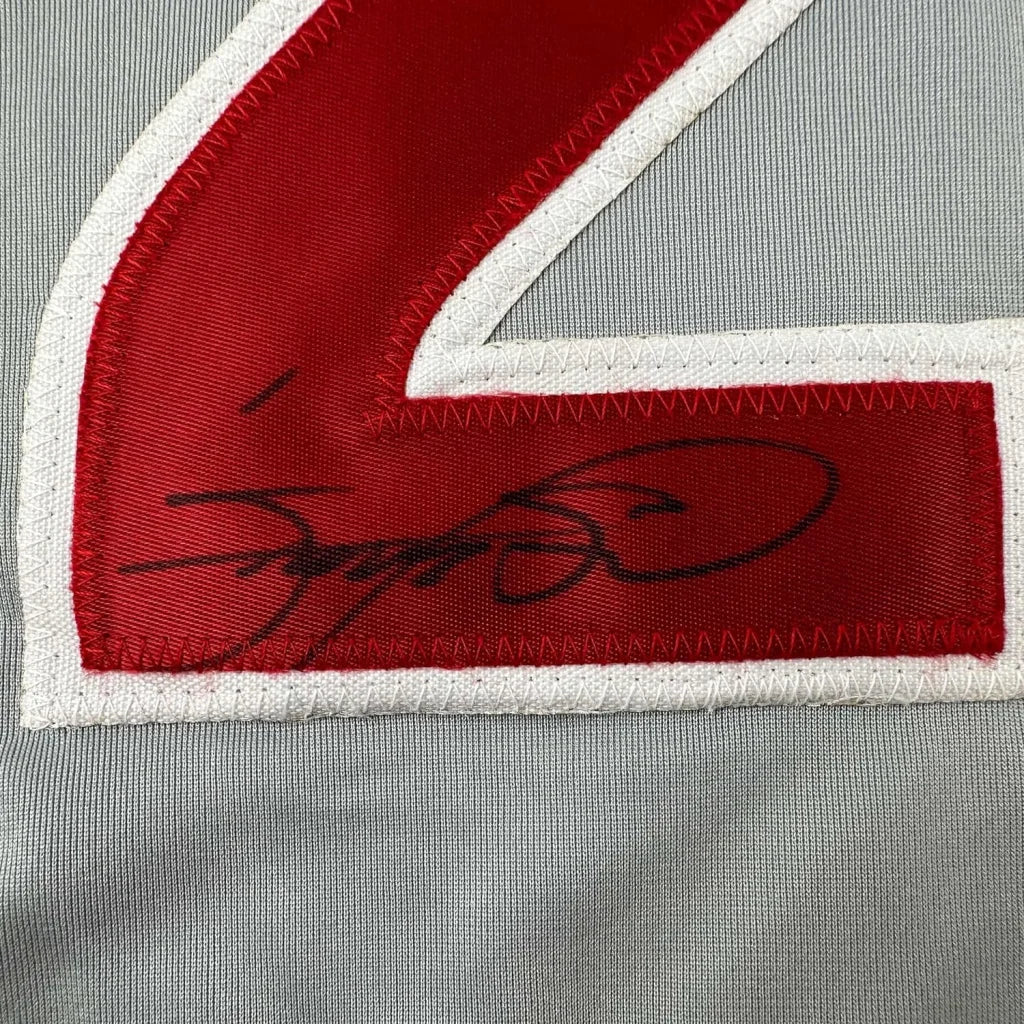 Framed autographed Sammy Sosa Chicago gray baseball jersey with red-white number 2 patch and signature, Beckett BAS COA